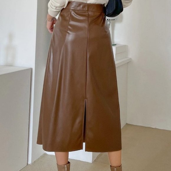 brown split back PU leather midi skirt fall winter chic classy trending - Picture 3 of 7